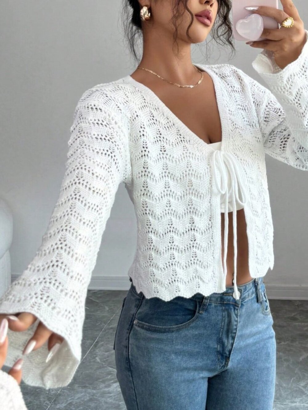 White Casual Women's Elegant Tied Up Hollow Knit Cardigan top